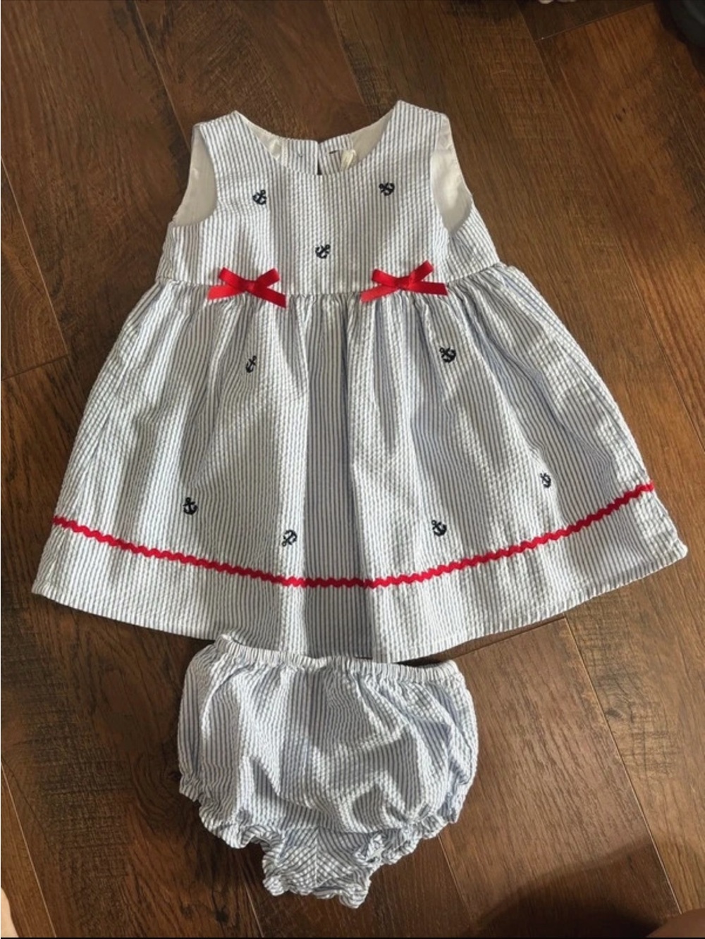 Toddler Nautical Blue Seersucker Dress with Red Trim